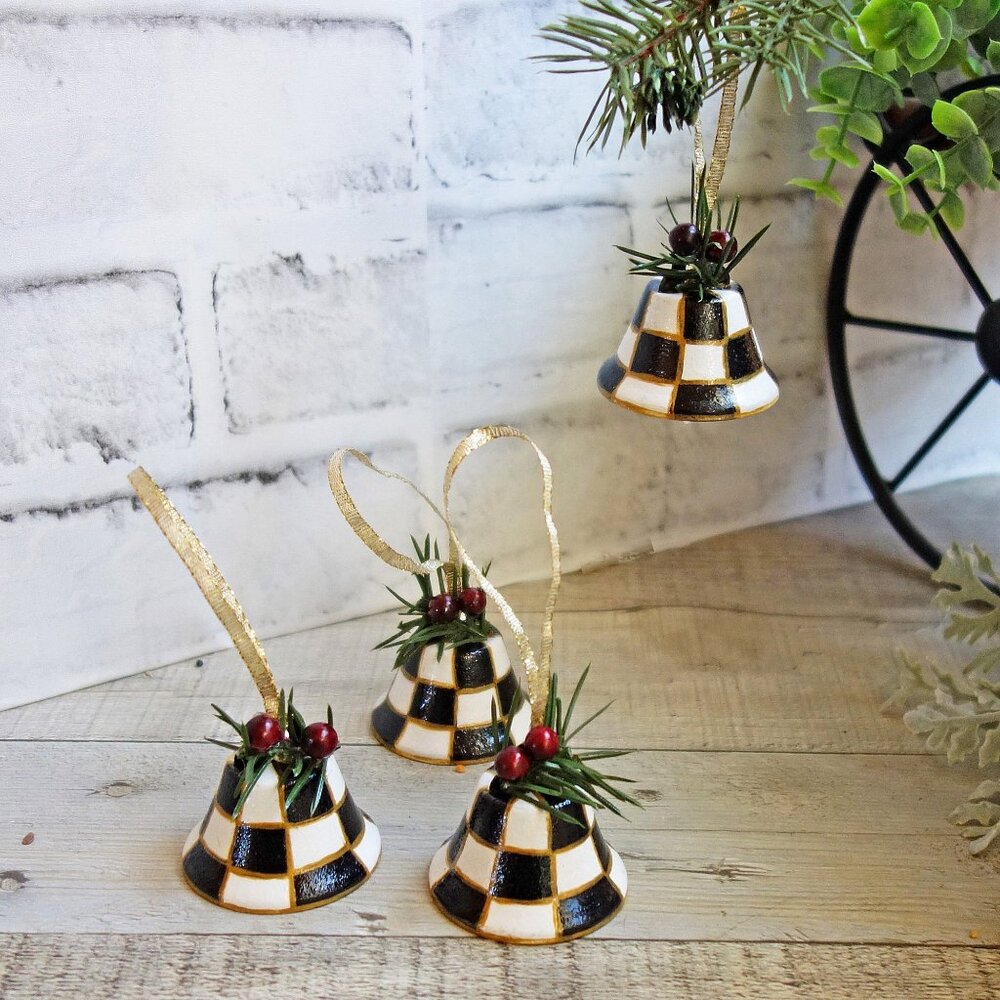 Buffalo Checked Christmas Tree Ornaments Courtly Holiday Decor Checked Bells
